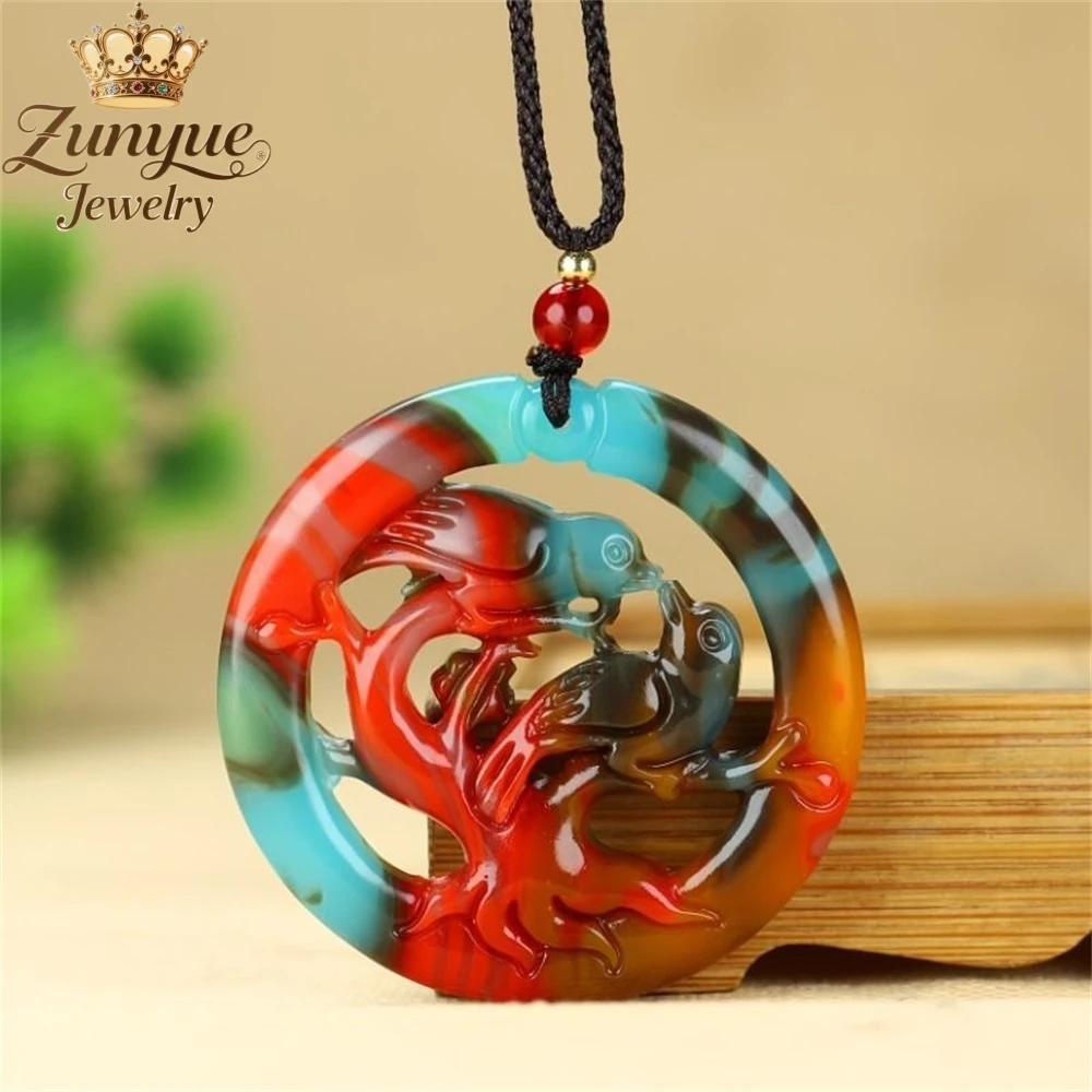 Natural Hetian Jasper Carved Hollowed Out Magpie Colorful Jade Pendant Ethnic Style Couple Fashion Jewelry Popular Holiday Gifts