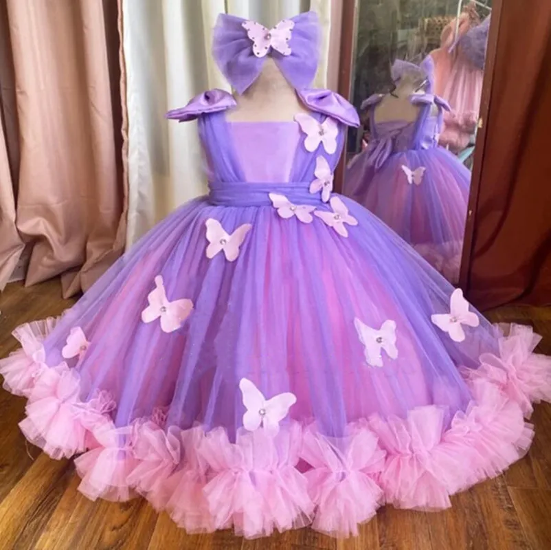 

Purple Pink Tulle Fluffy Birthday Party Dress for Girls Handmade Child First Communion Gown Christmas Party Dress Kid Size 1-14T