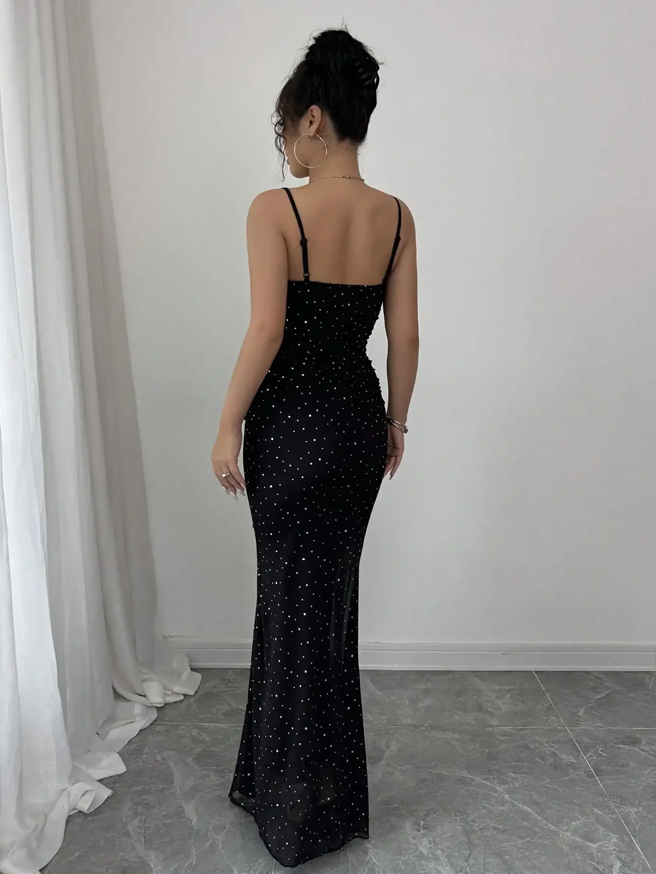 Nice Elegant Party Tight Sling Fishtail Swing Waist Section Pleated Adjustment Cloak Mesh Pinch Black Spring And Summer Women's