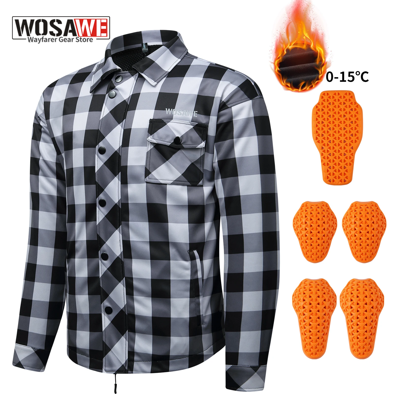

WOSAWE Men Winter Motorcycle Jacket Casual Retro Motorbike Motorcyclist Checkered Shirt with Removable Pads CE Certified Gear