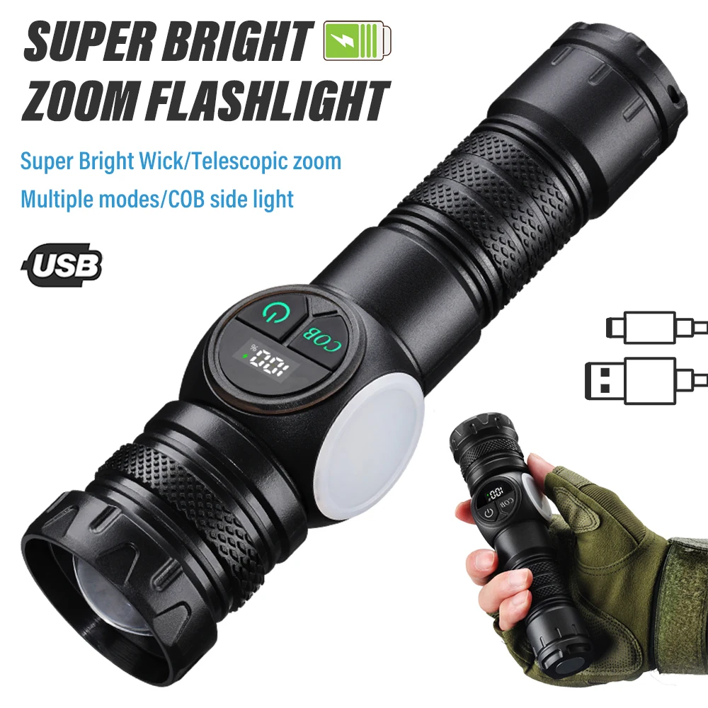 F2 Portable Zoom Flashlight, Rechargeable Battery With High Bright Cob Side Light And Red And Blue Warning Lights Repair Lamp