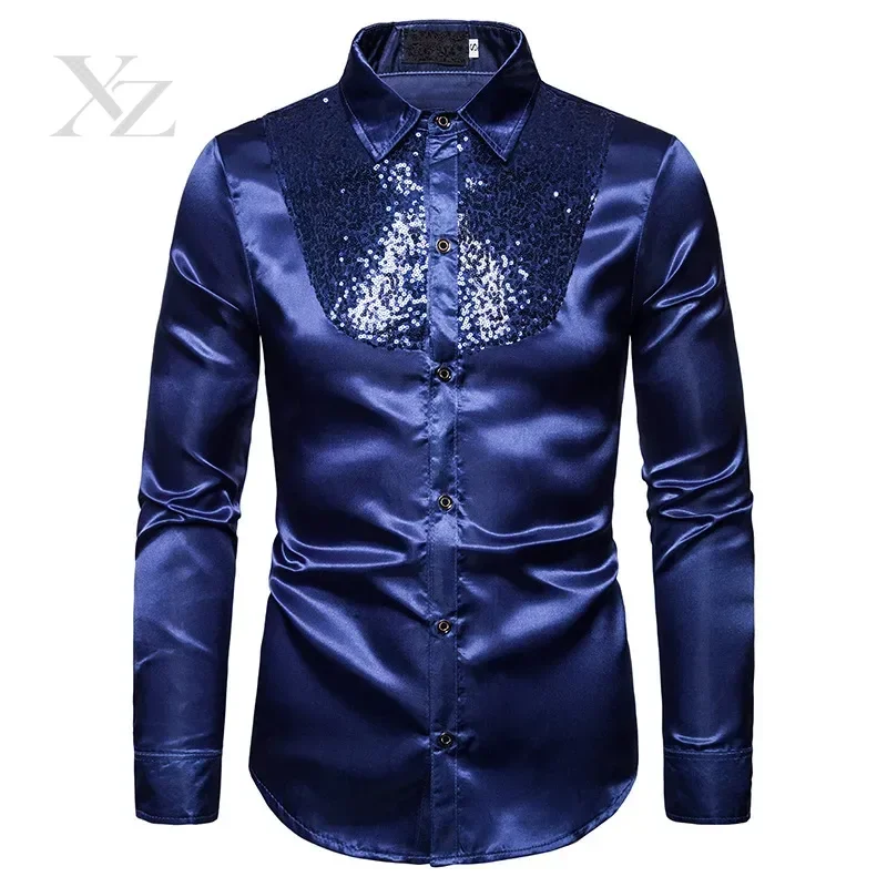 Men's Luxury Sequin Satin Dress Shirt Long Sleeve Glitter Party Prom Stage Costume Shiny Performance Top