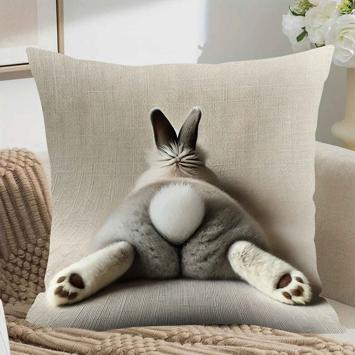 Whimsical Cute Bunny Butt Double Sided Pillowcase, Fun Animal Print Decorative Cushion Cover for Home, Insert Not Included