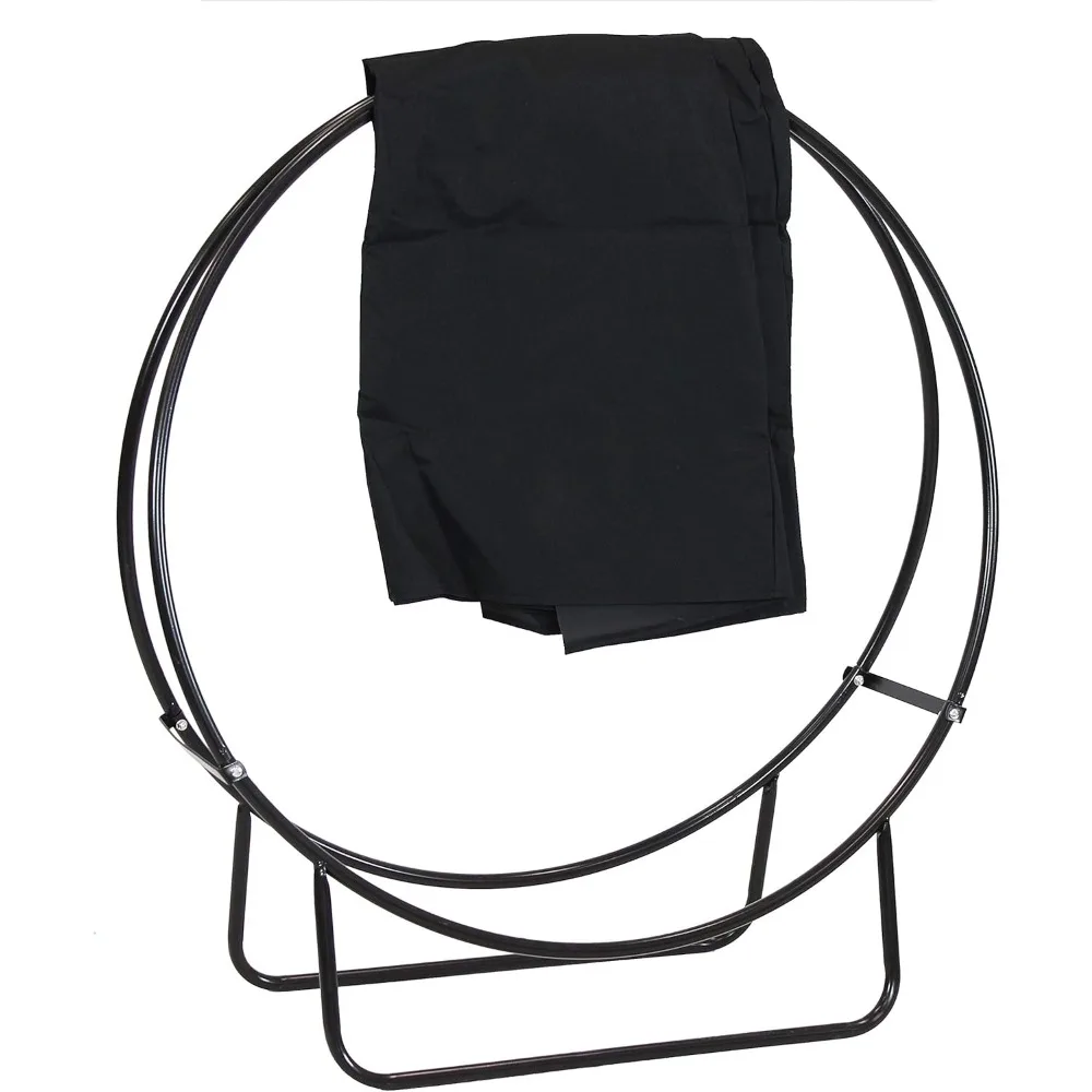 Outdoor Firewood Log Rack Hoop and Cover Set - Powder-Coated Steel Round Firewood Rack and PVC Cover - Black - 48-Inch