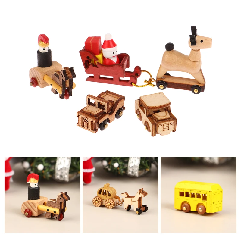 Dollhouse Miniature Wooden Car/Bus/Train Mini Furniture Model Small Handmade Wooden Music Box DIY Ornaments Micro Landscape