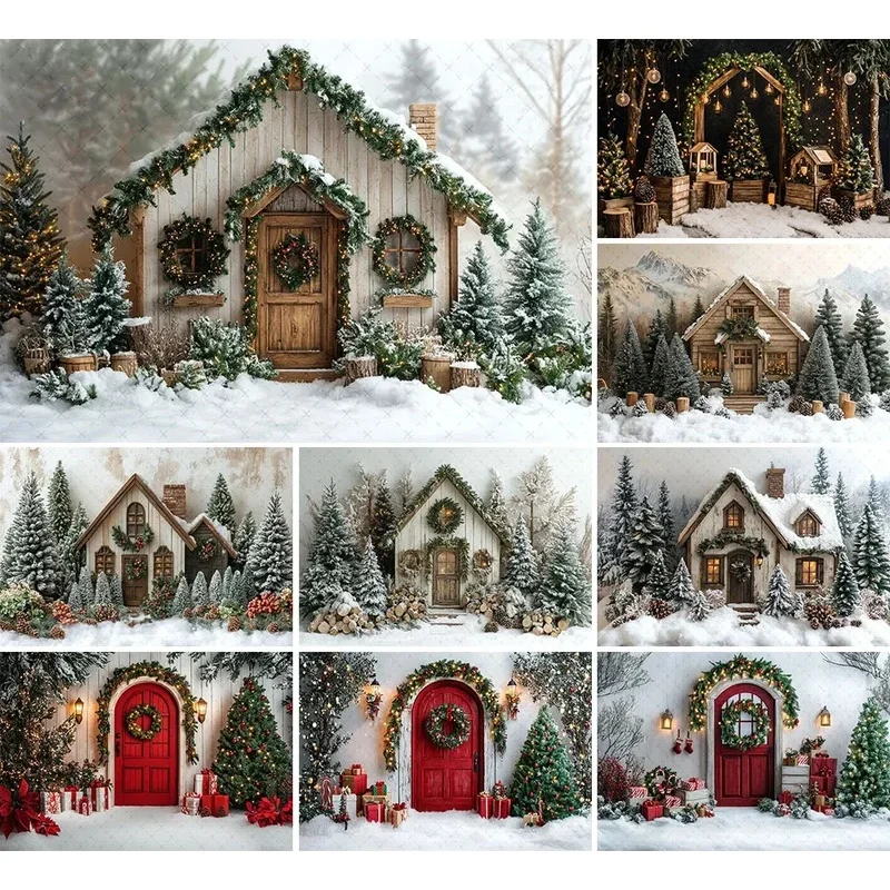 VIKAMA Christmas Red Door Tapestry Wreath Xmas Tree Gift Box Snow Scene Wall Hanging Holiday Photo Background Decor