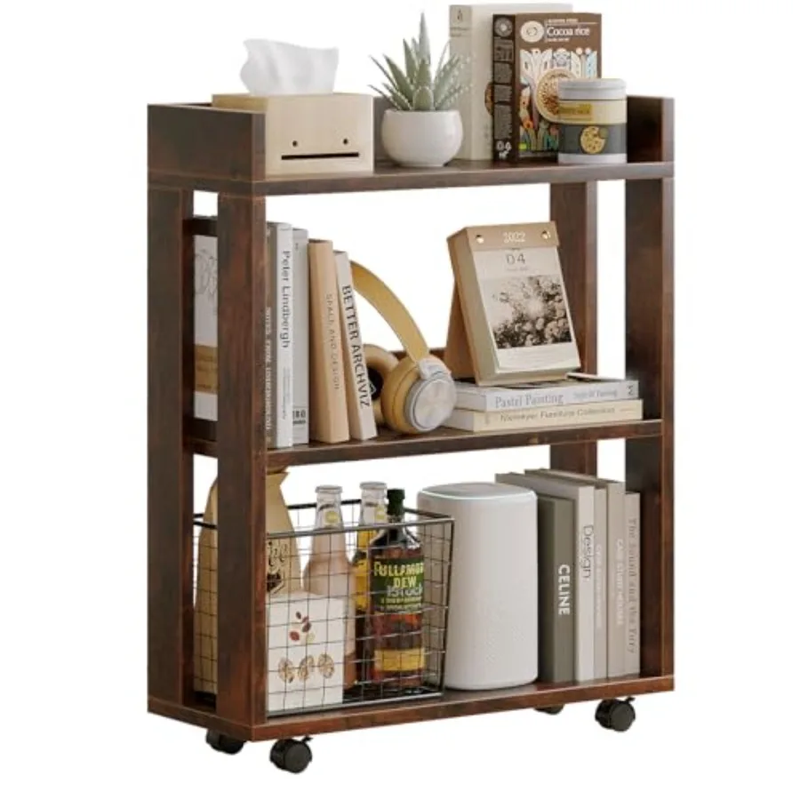 

3-Tier Small Bookshelf with Wheels Bedside Cart Library Cart Rolling Bookcase for Small Space Movable Standing Storage Shelves