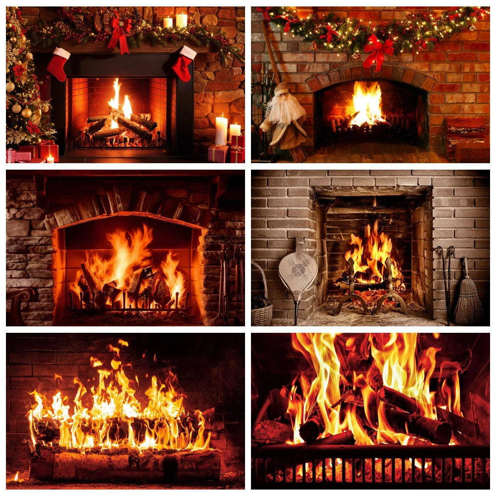 

Burning Flame Backdrop Christmas Fireplace Wood Fire Brick Wall Xmas Baby Portrait Photography Background Decor Photo Studio