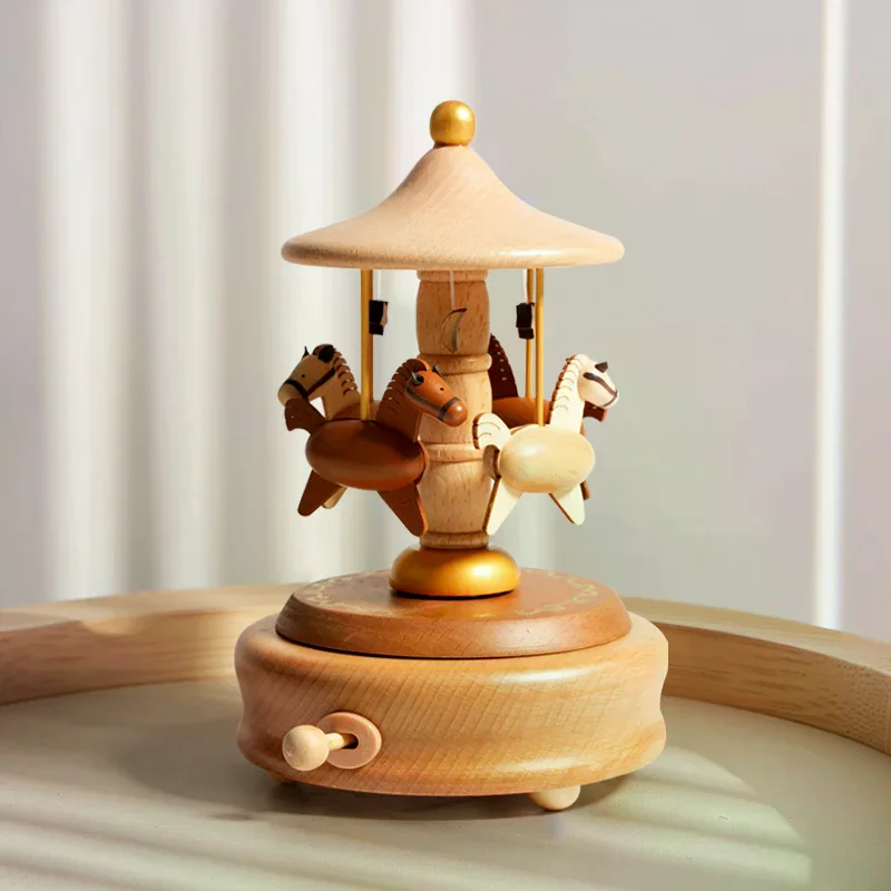 Wooden Carousel Music Box Ornaments Rotatable Hand-cranked Music Box DIY Handmade Birthday Christmas Gift Children’s Toys