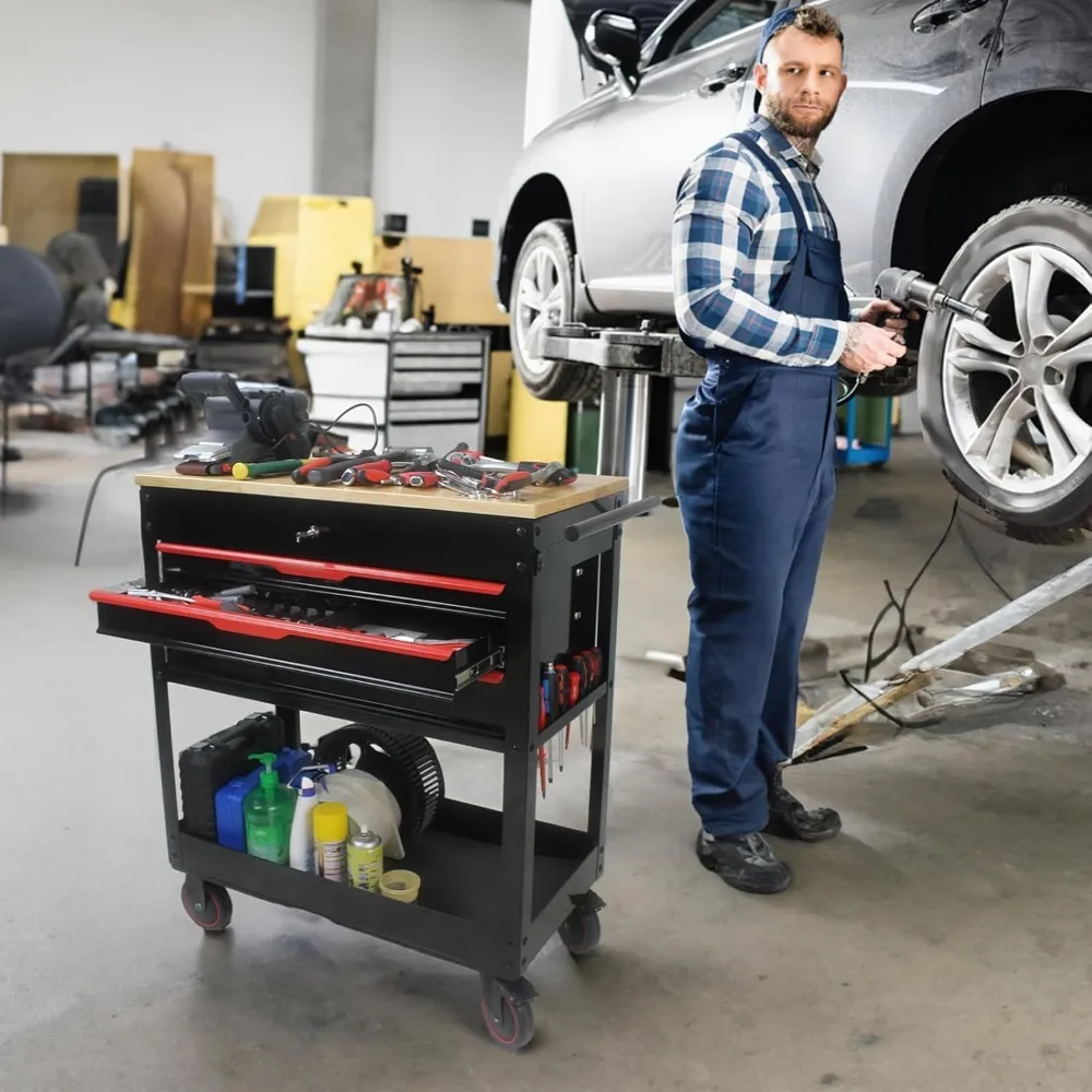 Armário de ferramentas multifuncional com rodinhas de 38 polegadas com tampo de madeira para oficina