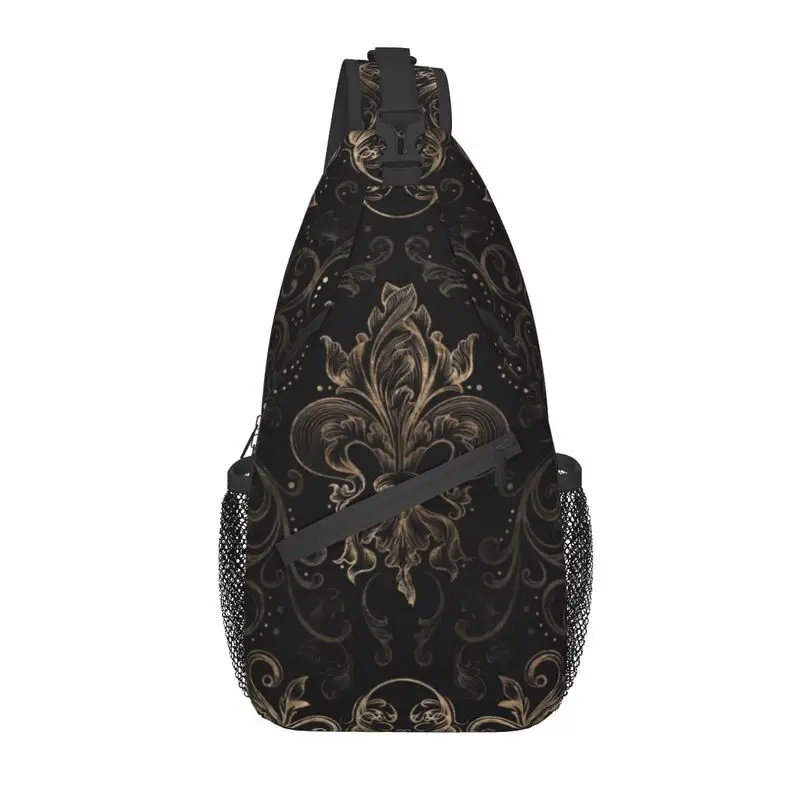 

Gold Filigree Fleur-de-Lis Sling Crossbody Chest Bag Men Fleur De Lys Lily Flower Symbol Shoulder Backpack for Travel Cycling