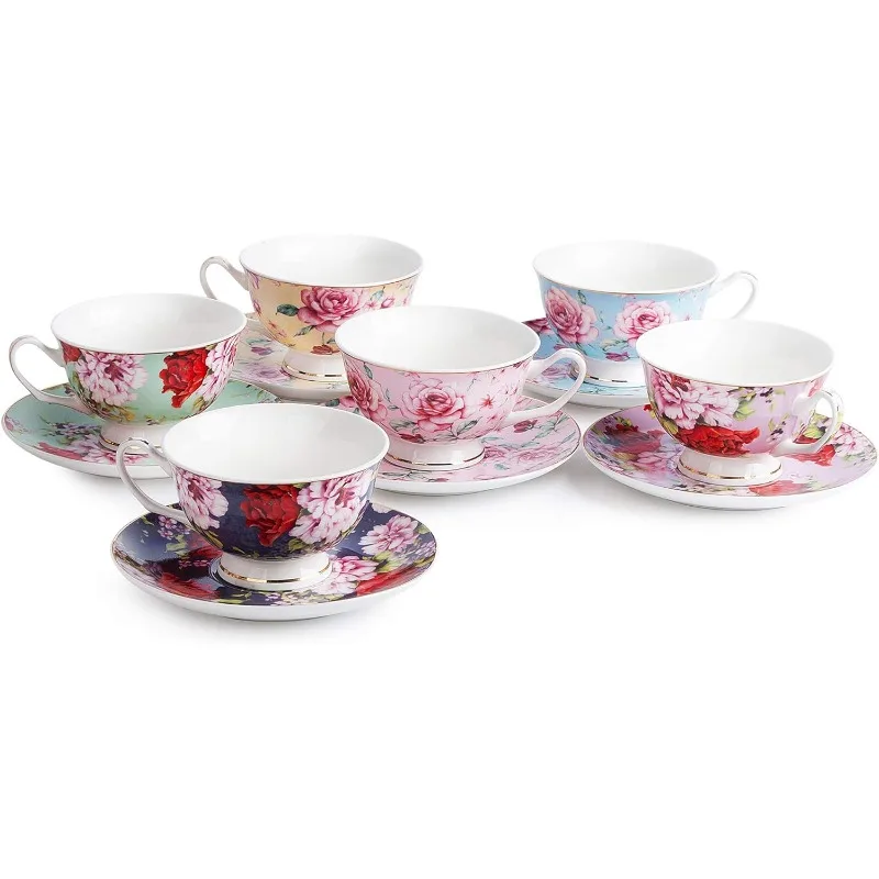 Imagem -05 - Conjunto Floral Xícaras Chá e Pires Xícaras Porcelana 8oz Conjunto de 6