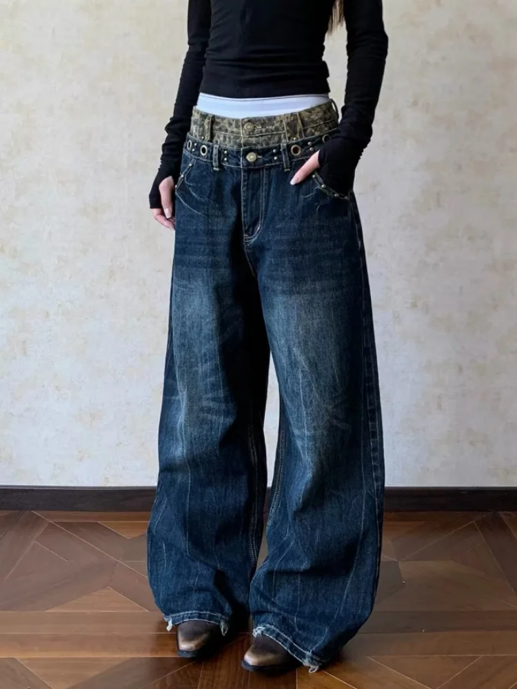 2026 Cyber Y2K Style Double Waistband Rivet Leopard Baggy Women's Jeans Pants For Clothing Wide Leg Vintage Blue Denim Trousers