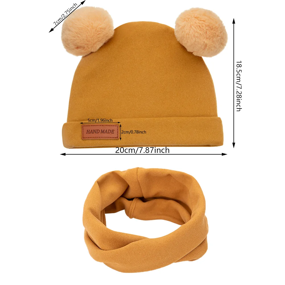 2Pcs/Lot Baby Turban Hats Faux Cashmere Pompom Caps Beanies Bonnets Scarf Cute Leather Stick Warm Autumn Winter Newborn Headwrap