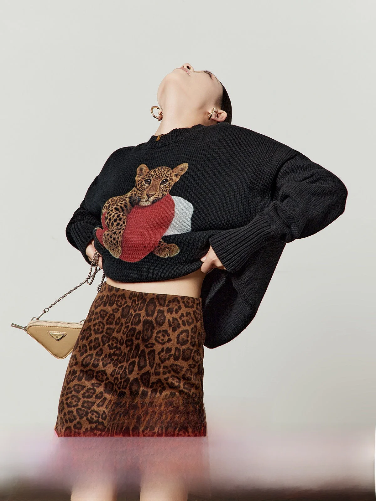 

Bla Furry Heart Leopard Knitted Sweater Women's Vintage Sle Winter New Arrival Loose Fit Long Sve ort Length Top