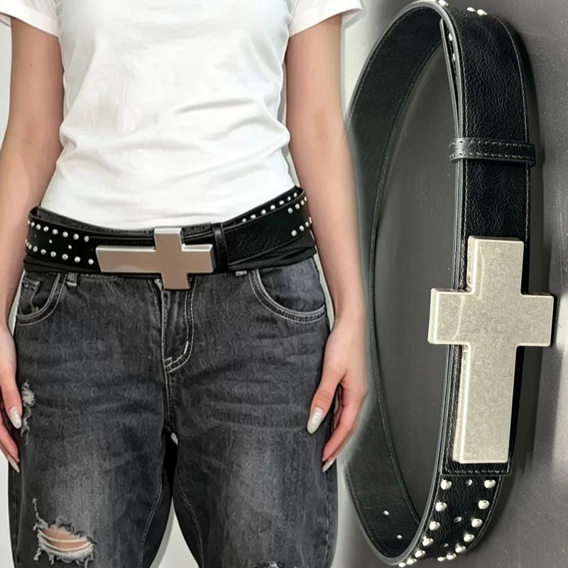 Punk Cross Belt for Men Women Harajuku Burst Pattern PU Leather Studded Rivet Belts Gothic Waistband for Party Music Festival