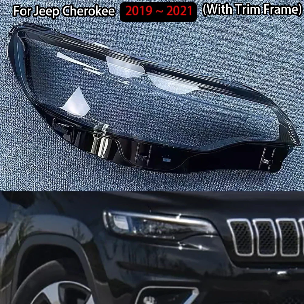 

For Jeep Cherokee 2019 2020 2021(With Trim Frame) Front Headlight Cover Transparent Lampshade Lamp Shell Masks Plexiglass