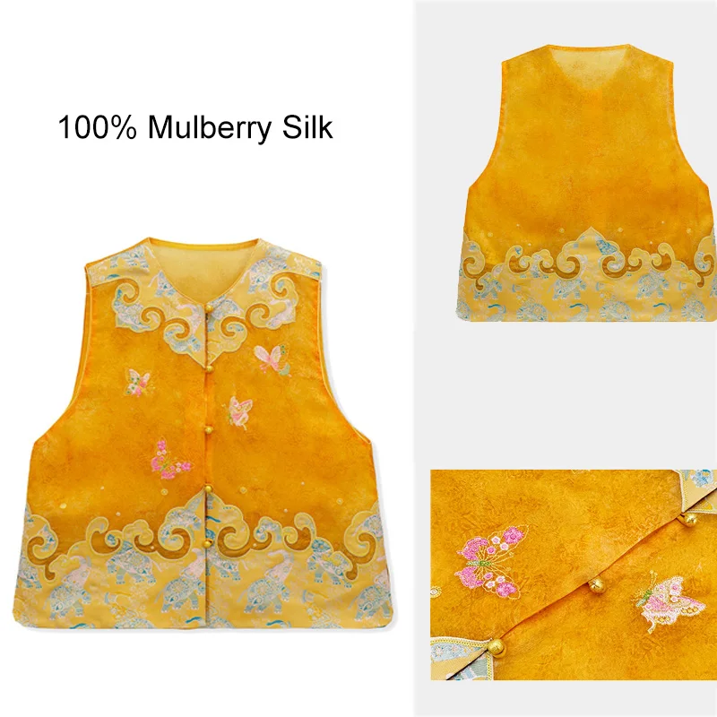 Chinese Traditional 100% Mulberry Silk Embroidery Flower Waistcoats Exquisite Vintage Button Hanfu Tops Customization Vest