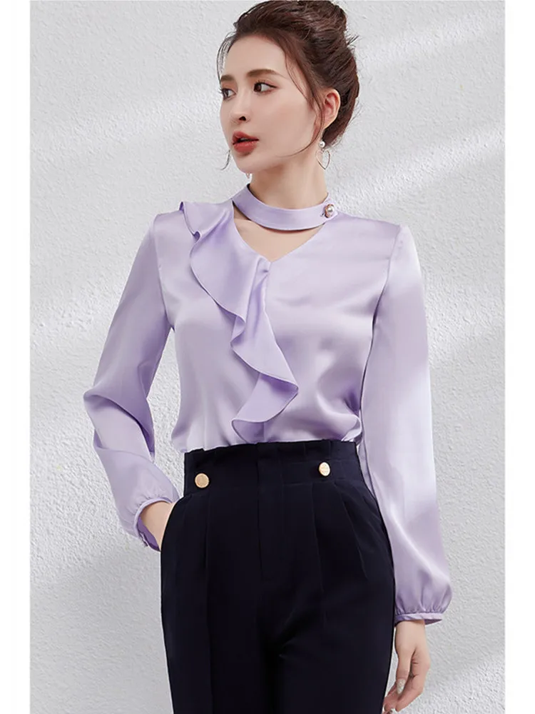 2024 Satin New Hanging Neck Button V-Neck Slim Top with Oblique Ruffle Edge Long Sleeve Shirt for Ladies camisetas de mujer