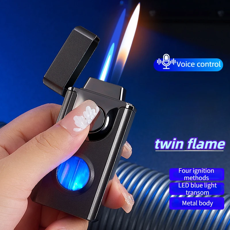 Voice-activated Double Flame Lighter, Blue Light Transom, Straight Into Open Flame, Airflow, Gravity, 4 Ignition Methods, Metal