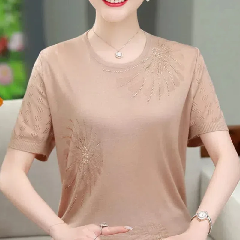 Simplicity Summer Women\'s Round Neck Solid Diamonds Ice Silk Hollow Out Korean Fashion Loose Short Sleeve Knitting T-Shirts Tops