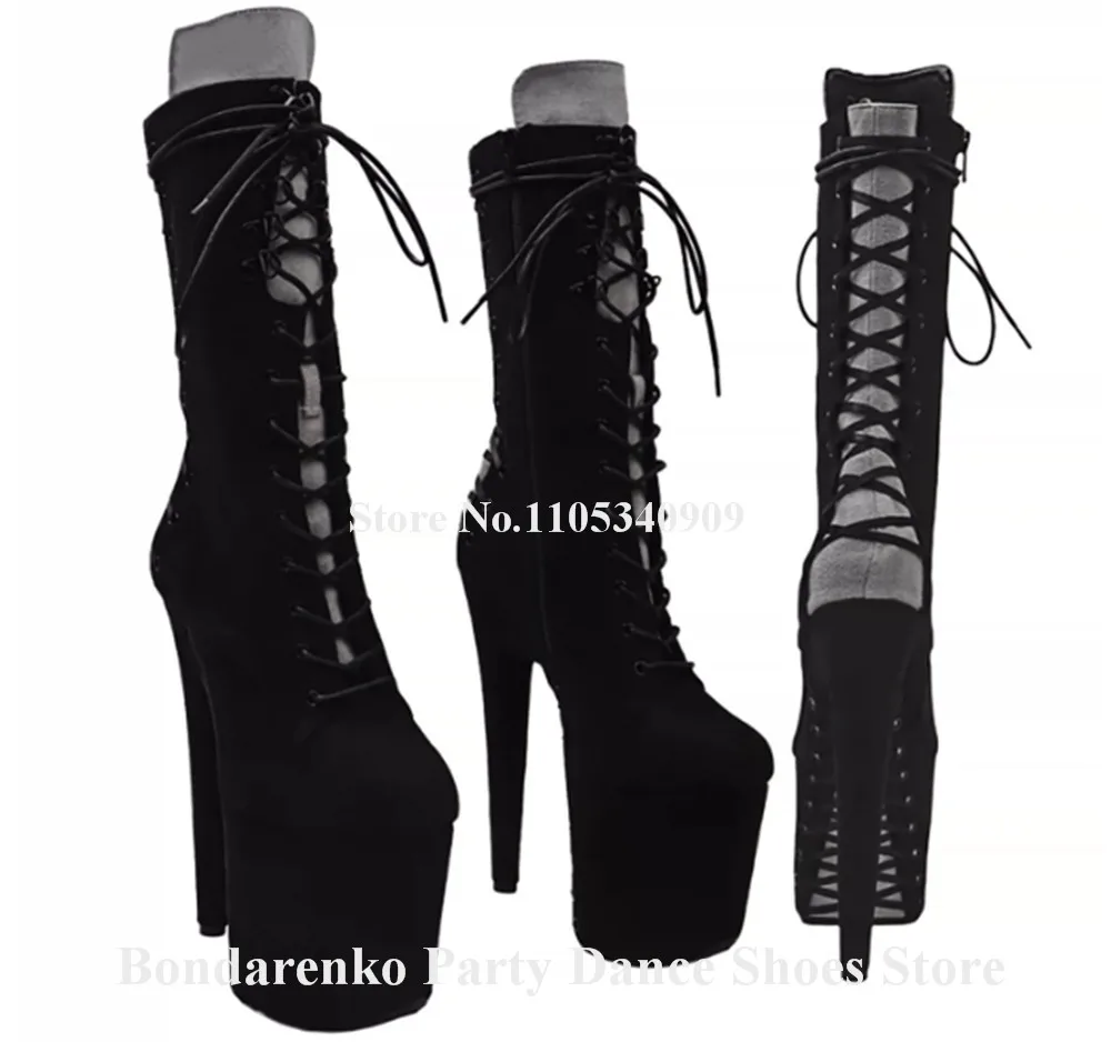 Sexy Black Grey Suede Patchwork Stiletto Heel Short Boots Round Toe Lace-up High Platform 20cm Thin Heel Dance Shoes