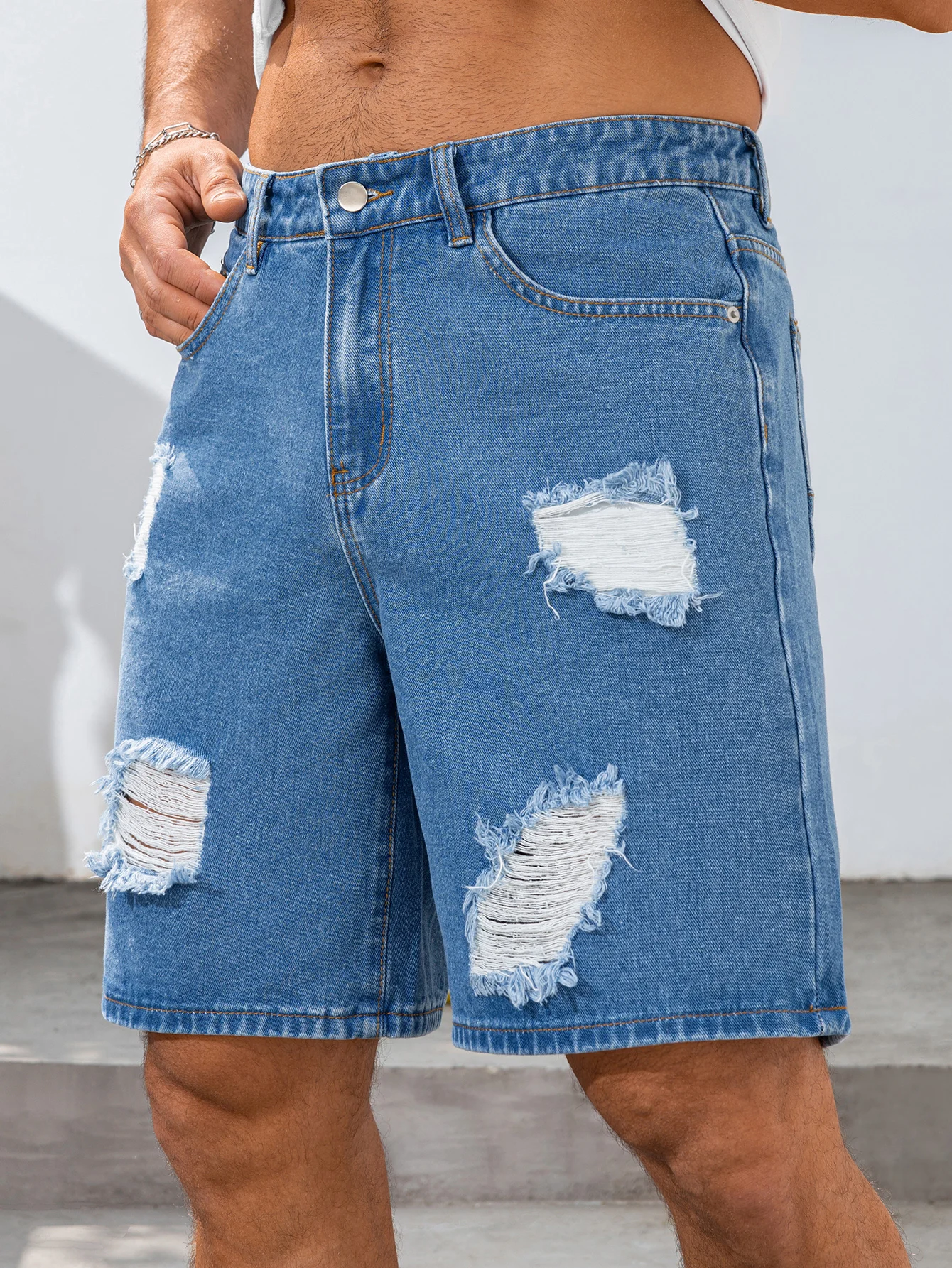 

Мужские модные синие рваные джинсовые шорты свободного кроя из неэластичной ткани, сине-белые, простые, стильные, летние, 2026