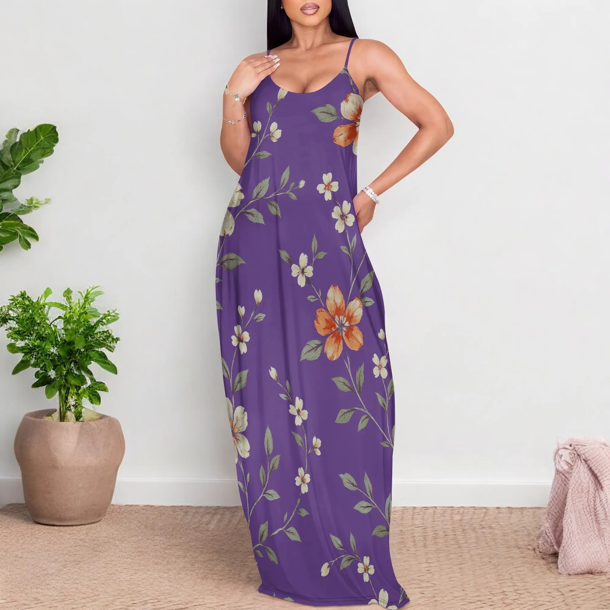 ชุด Maxi สําหรับผู้หญิงเซ็กซี่สบายๆดอกไม้พิมพ์สปาเก็ตตี้ปรับได้ยาวฤดูร้อนปาร์ตี้คลับ Sundress พร้อมกระเป๋า