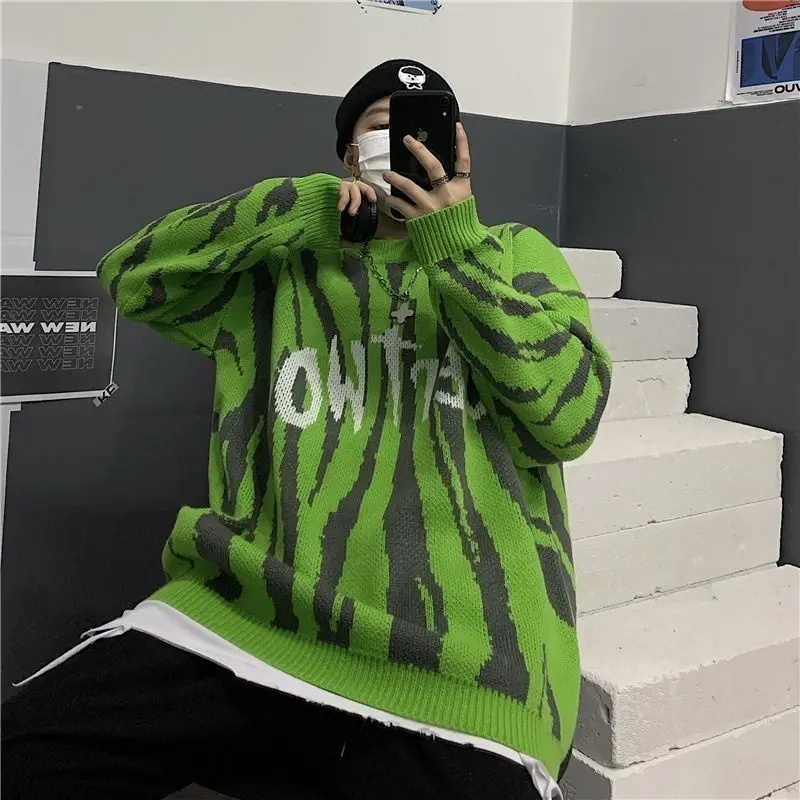 

Winter ins Hong Kong style personality retro men's zebra print sweater high street sweater loose Y2K lazy thickened sweater