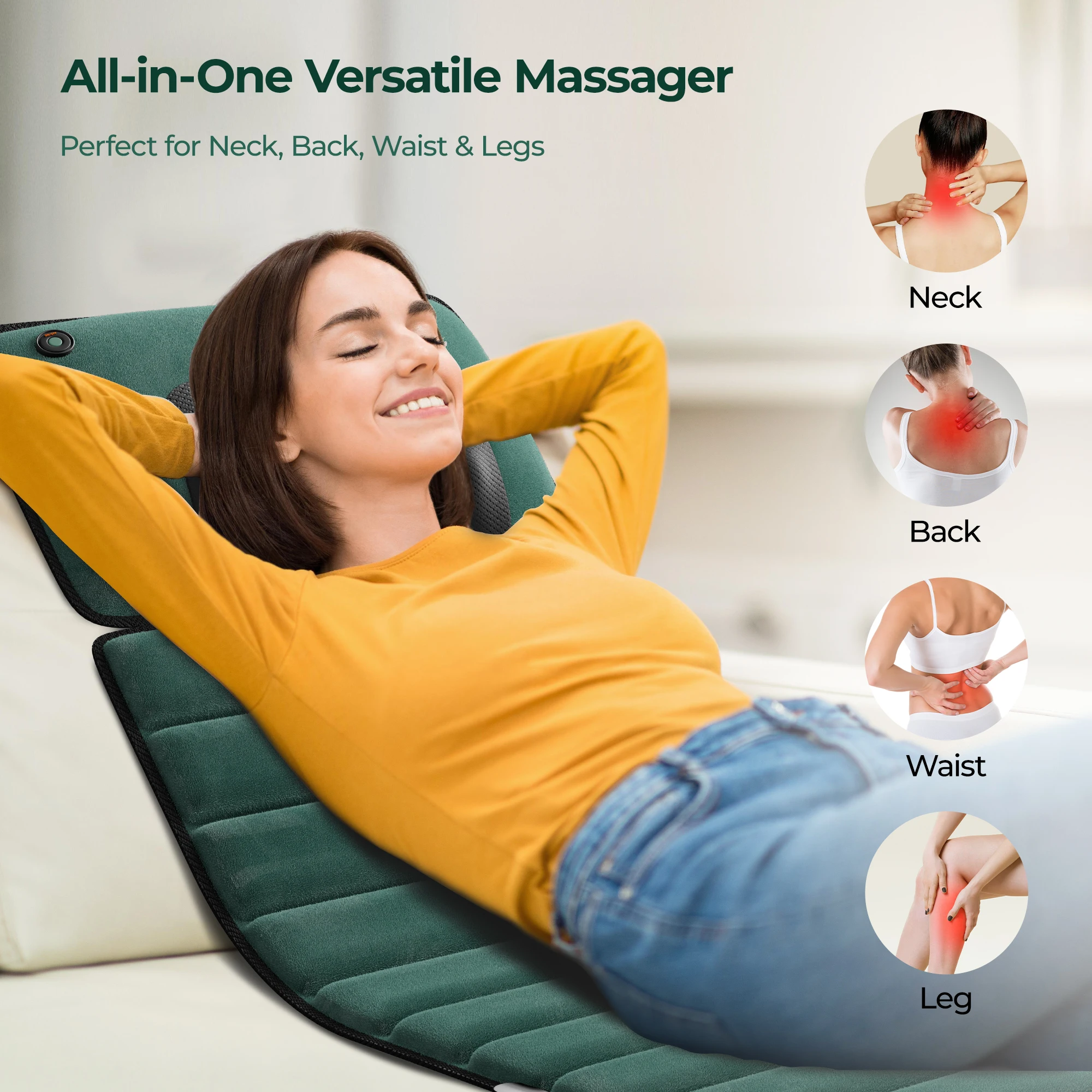 Heated Full Body Massage Mat with Detachable Pad, 10 Deep Vibration Motors for Back Pain Relief, Soothing Cushion for Bed Chair & Sofa view 6