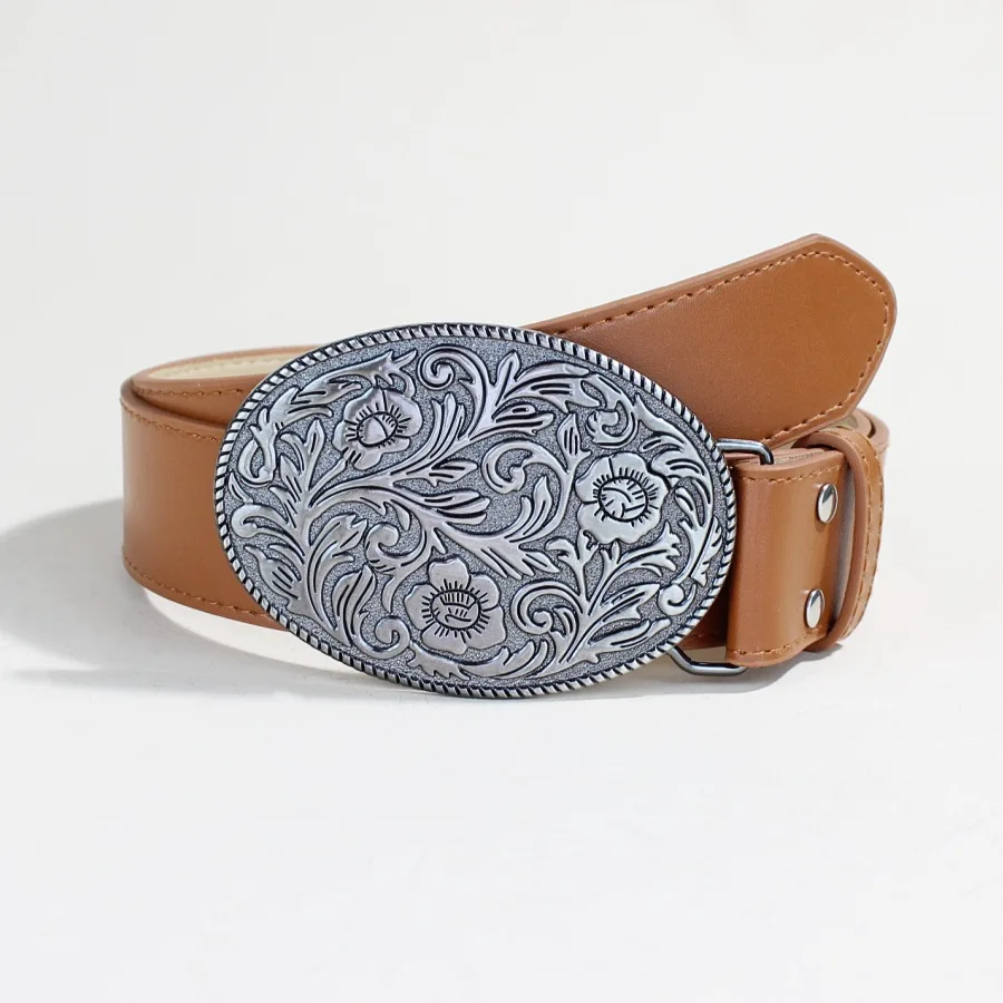 1 قطعة الرجال البني خمر منحوتة زهرة القرص مشبك التنين نمط زهرة تنقش حزام الجينز حزام الزخرفية تنوعا
