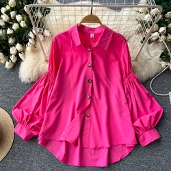 Vintage Elegant  Lantern Sleeve Single Breasted Loose Blouse Fashion  Shirt  Casual Chic Top Fairy summer Women