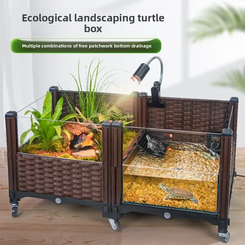 

Large Turtle Tank with Built in Planter and Basking Platform Glass Terrarium for Aquatic Land Turtles
