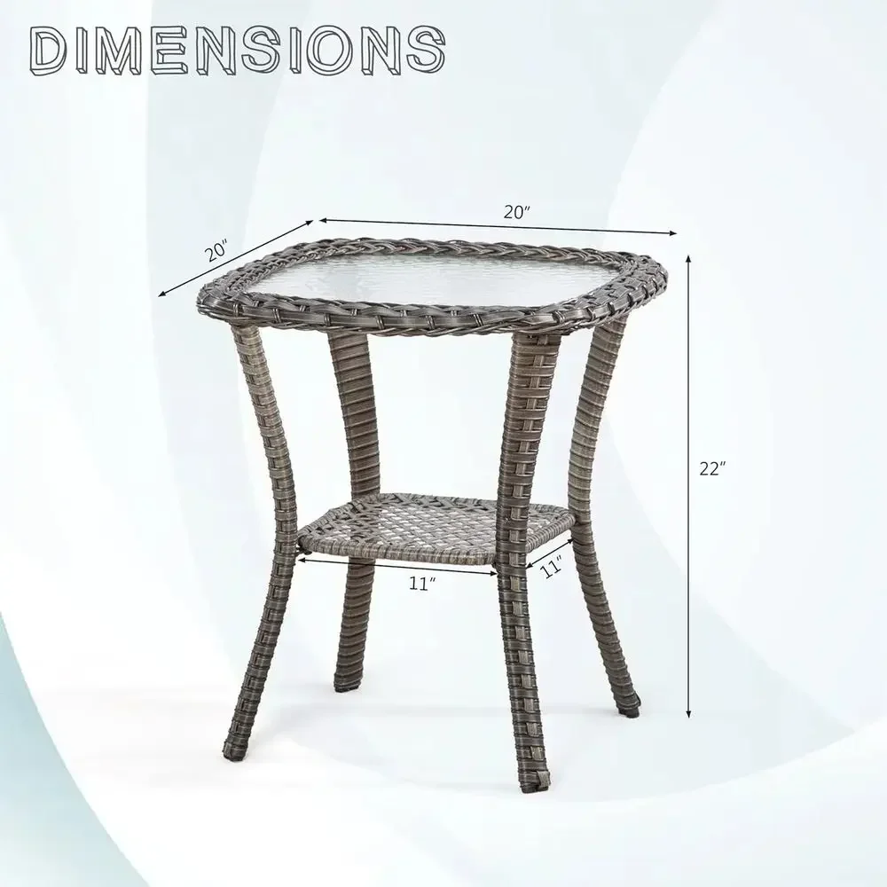 20x20x22 Wicker Side Table with Tempered Glass and Storage Shelf, Mixed Gray Oval Patio Furniture Set