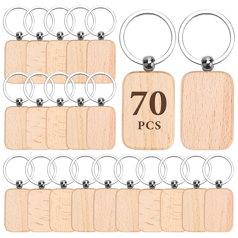 

70Pcs Wooden Keychain Blank Rectangle Unfinished Wood Key Ring Tag for DIY Gift Crafts Painting