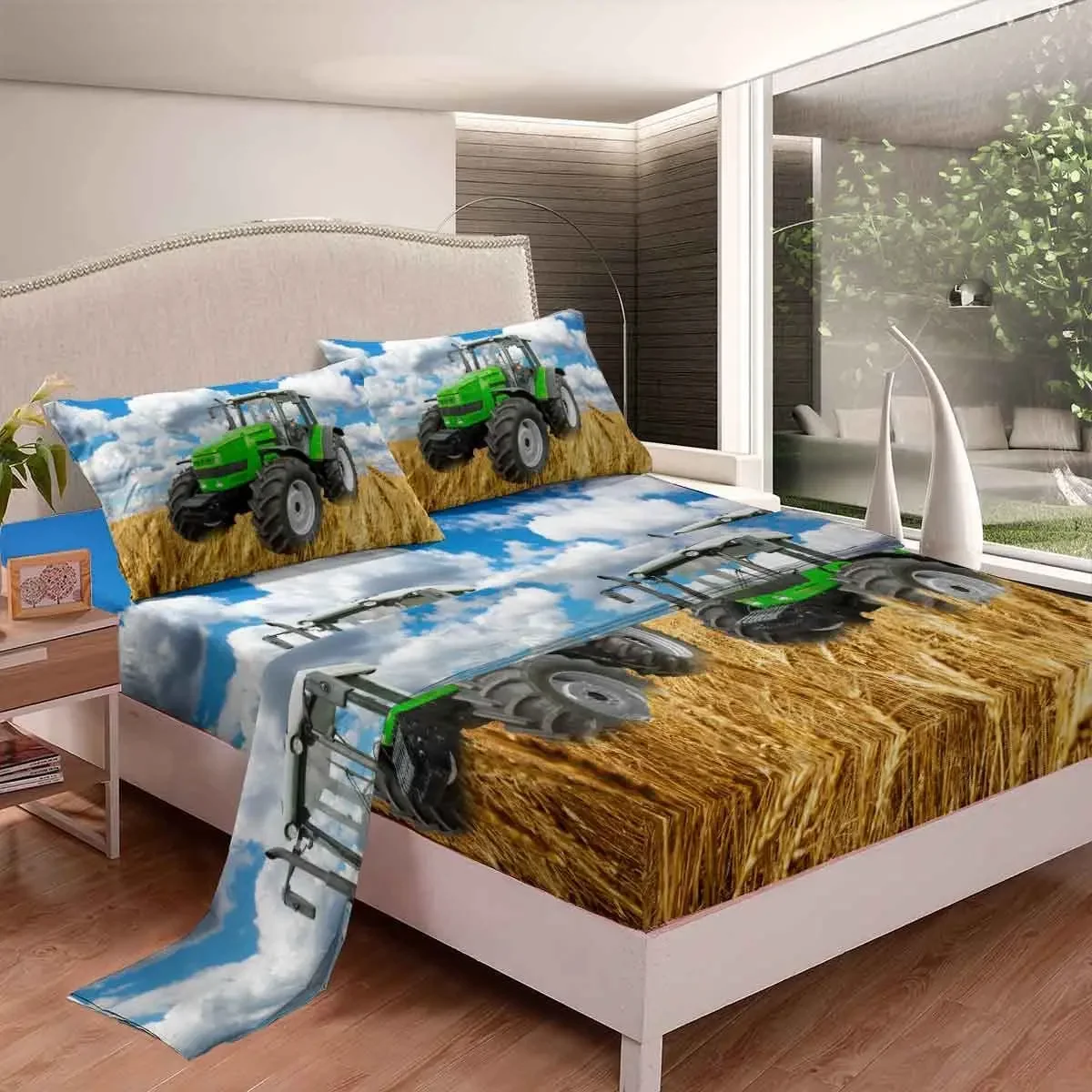 

Vehicles Sheet Set Tractors Bedding Sheets Heavy Machinery Cars Fitted Sheet for Kids Boys Men Farmhouse Country Style Bed Cover