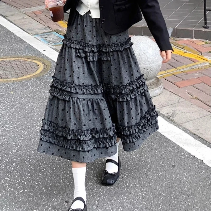 Korean Fashion Vintage Gray Black Polka Dot Wooden Ear Edge Tiered Midi Skirt Women Autumn Y2k Sweet Kawaii Ruffles Long Skirts