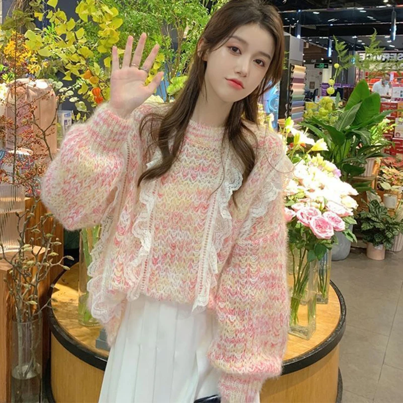 

O-Neck Lace Pullover Knitted Sweater 2023 New Women's Preppy Style Loose Sweater Autumn Winter Fashion Patchwork Casual Sweater