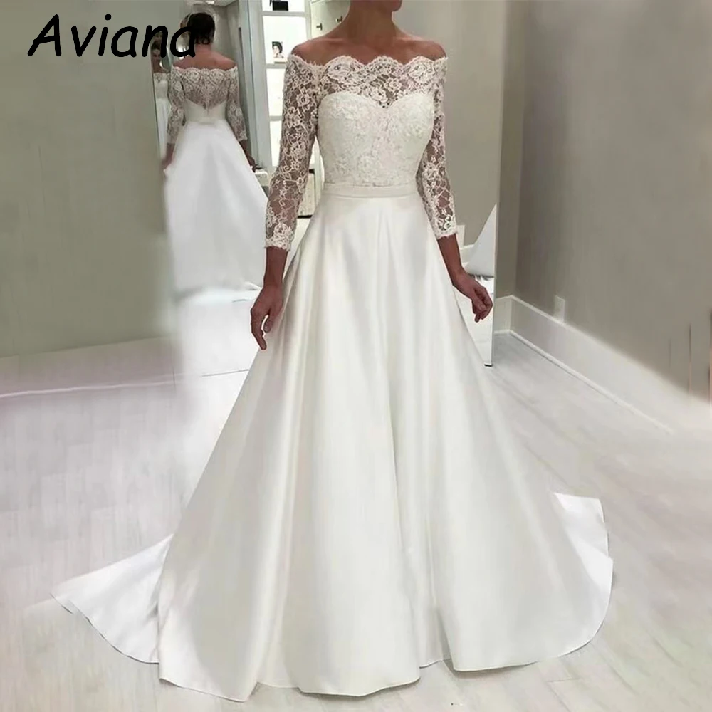 Customized Beads Long Wedding Dresses Elegant Satin Lace Floor-Length A-Line Sweep Train Bride Gowns Vestidos De Novias 2025