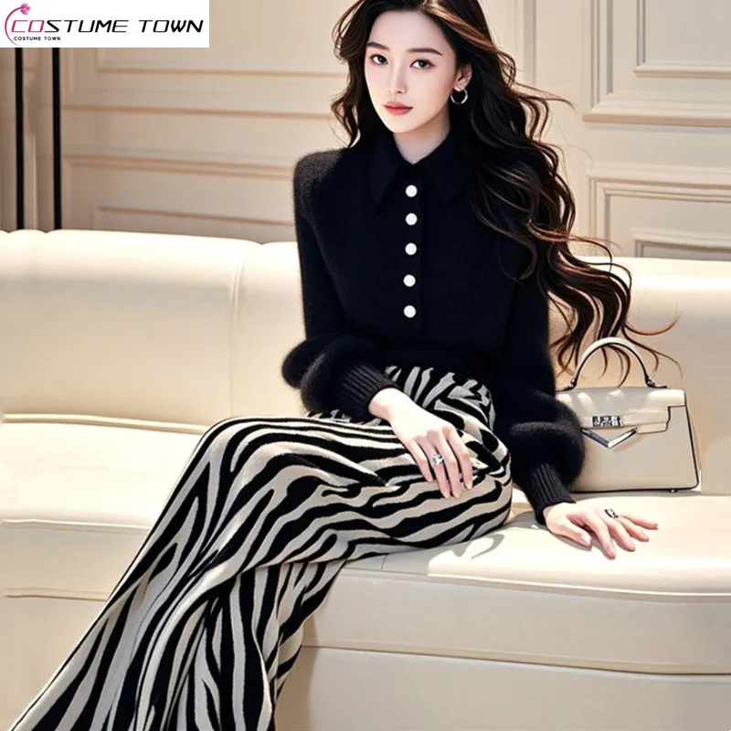 

Autumn and winter women's fashion high-end small fragrance black knitted sweater+wide leg pants set