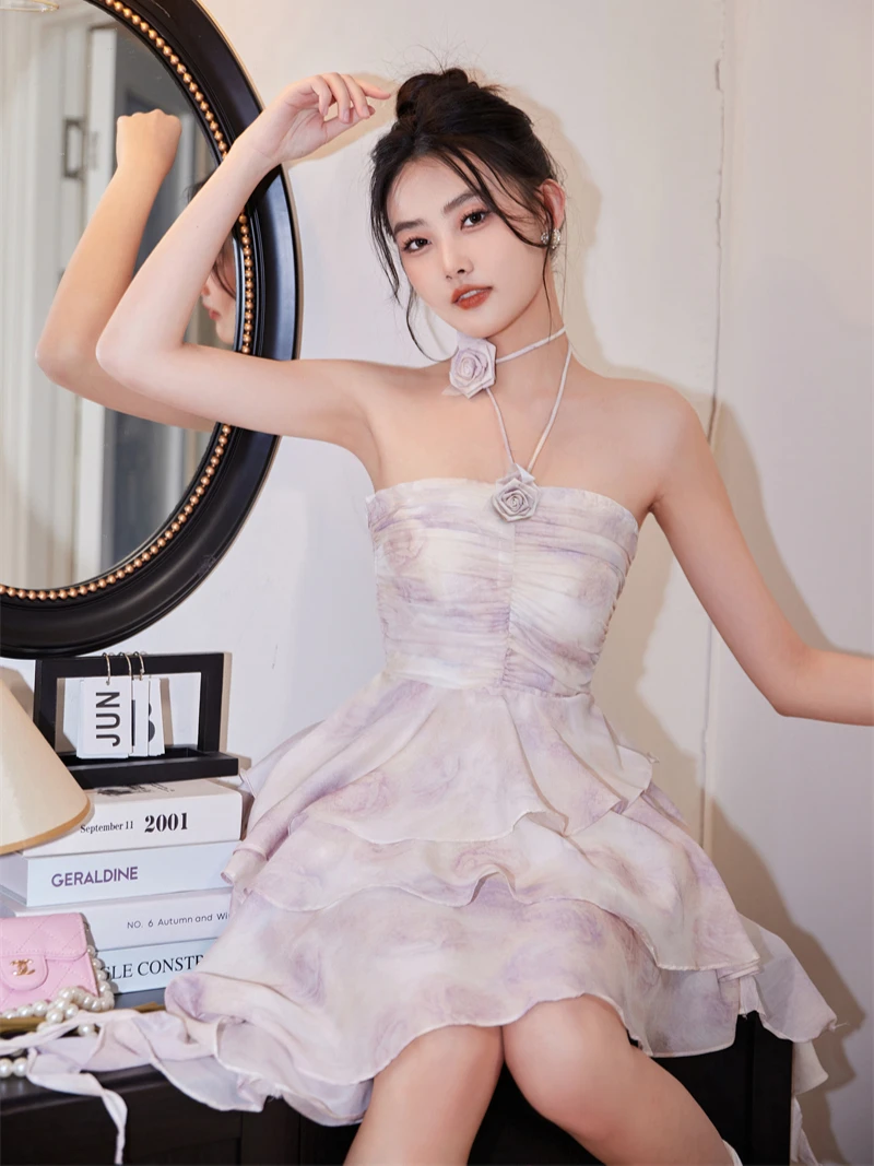 CHEERART Lilac Floral Strapless Halter Short Dress Party Evening Elegant Luxury Celebrity Backless Ruffles Fairy Dress Fairycore