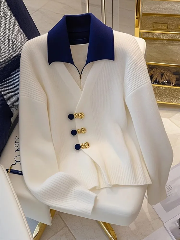 

Белый вязаный свитер с воротником, женский, модный, для ранней осени, премиум-класса, имитация двухслойности, от Xia...