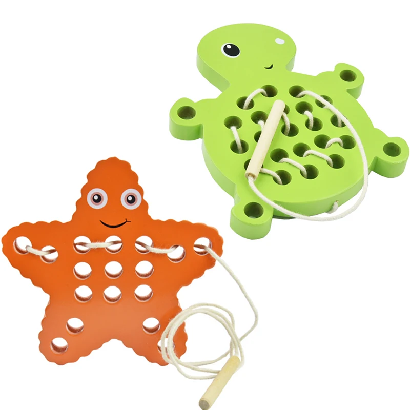 Kids Wooden Turtle Starfish Threading Board Busy Board Animal Stringing Threading Toys Fine Motor Training Baby Gifts