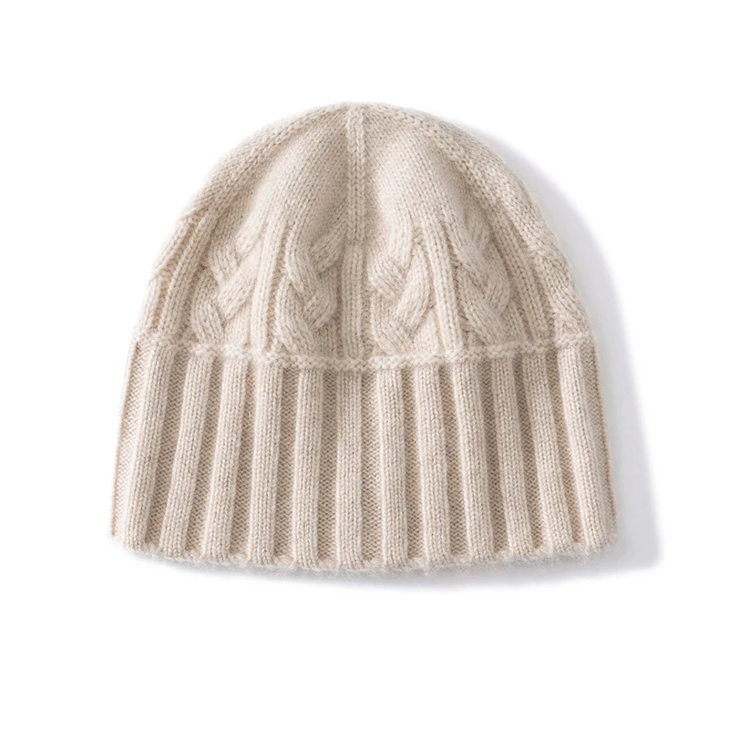 

100Quality Cashmere Cap For Women Soft Warm Knitted Hat Winter Female Casual Outdoor Solid Color Ribbed Twist Cashmere Beanies