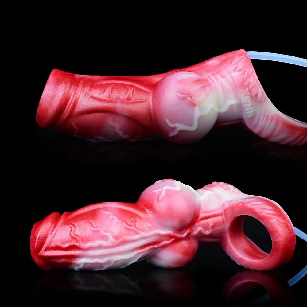 YOCY Lifelike Monster Dog Penis Sleeve Squirting Fuction Cock Sheath Silicone Knot Dildo Open-ended Dick Cover Sex Toy For Men