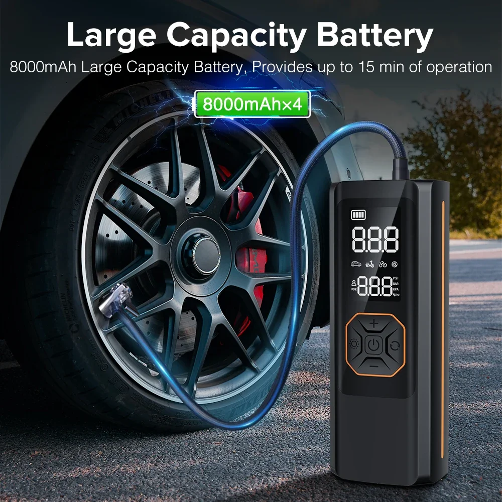 150W 8000mAh Car Tire Inflator Portable Fast Inflation Wireless Compact LCD Display USB Rechargeable Car Motorcycle Bicycle