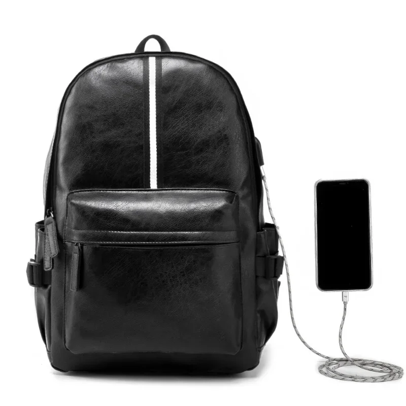 Fashion Men\'s Backpack Outdoor USB Travel Bags Large Capacity 15.5 inch Laptop Backpack Soft PU Leather Men Backbags Mochila