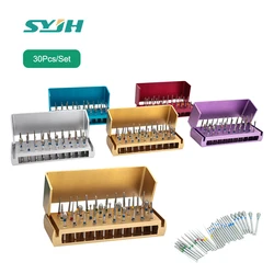 Colorful 30Pcs/Set Dental Diamond Burs Drill Teeth Polishing Drillls With Aluminum Disinfection Holder Block For Dental Lab Tool