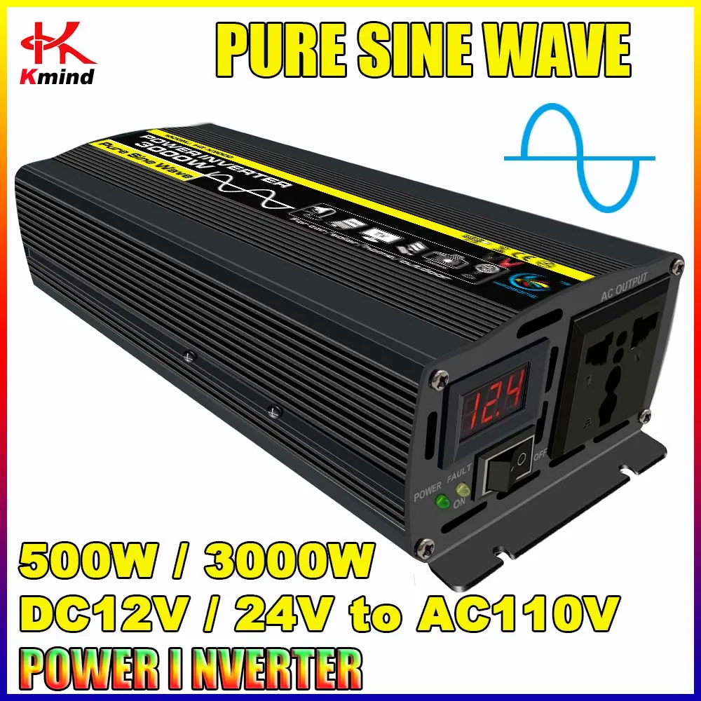 

Pure Sine Wave Inverter DC 12V 24V to AC 110V 500W Peak 1000W Voltage Car Transformer Power Solar Converter Charge Home Outdoor