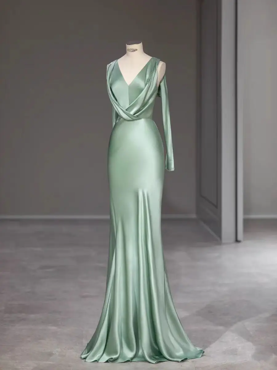 

High Quality Fashionable Deep V Neck Women Dress Green Satin Elegant Dresses Ladies Party Dress Evening Vestidos